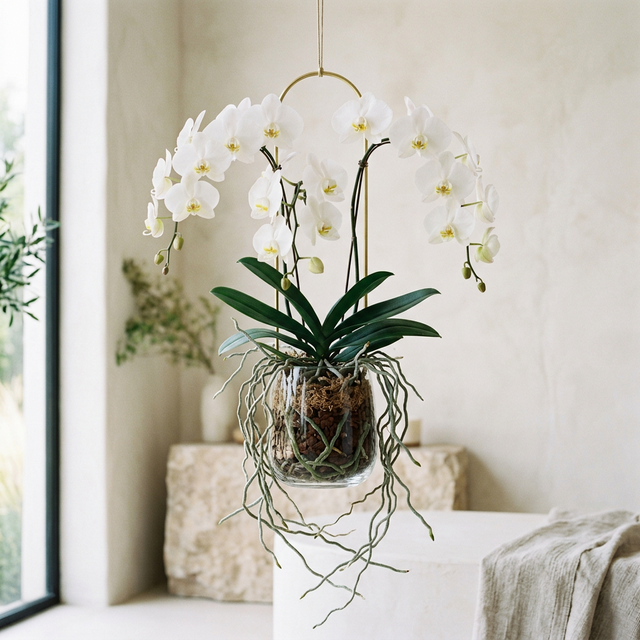 A moth orchid drawing nutrients from the air, representing the Bloomin' Roots philosophy.